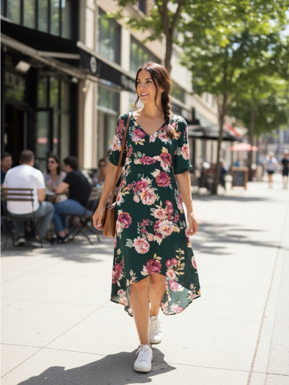 Maurices Dark Green Floral V-Neck High-Low Maxi Dress